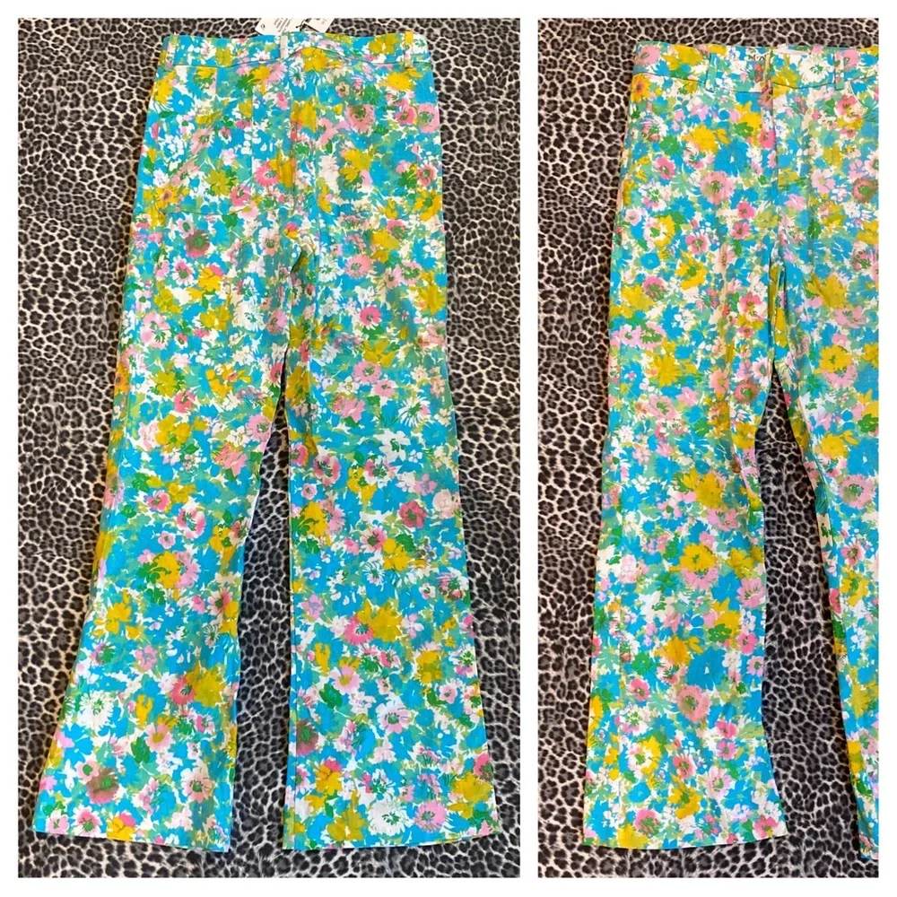 Zara Blue Green Pink Floral Linen Crop Pants Sz 2 NWT